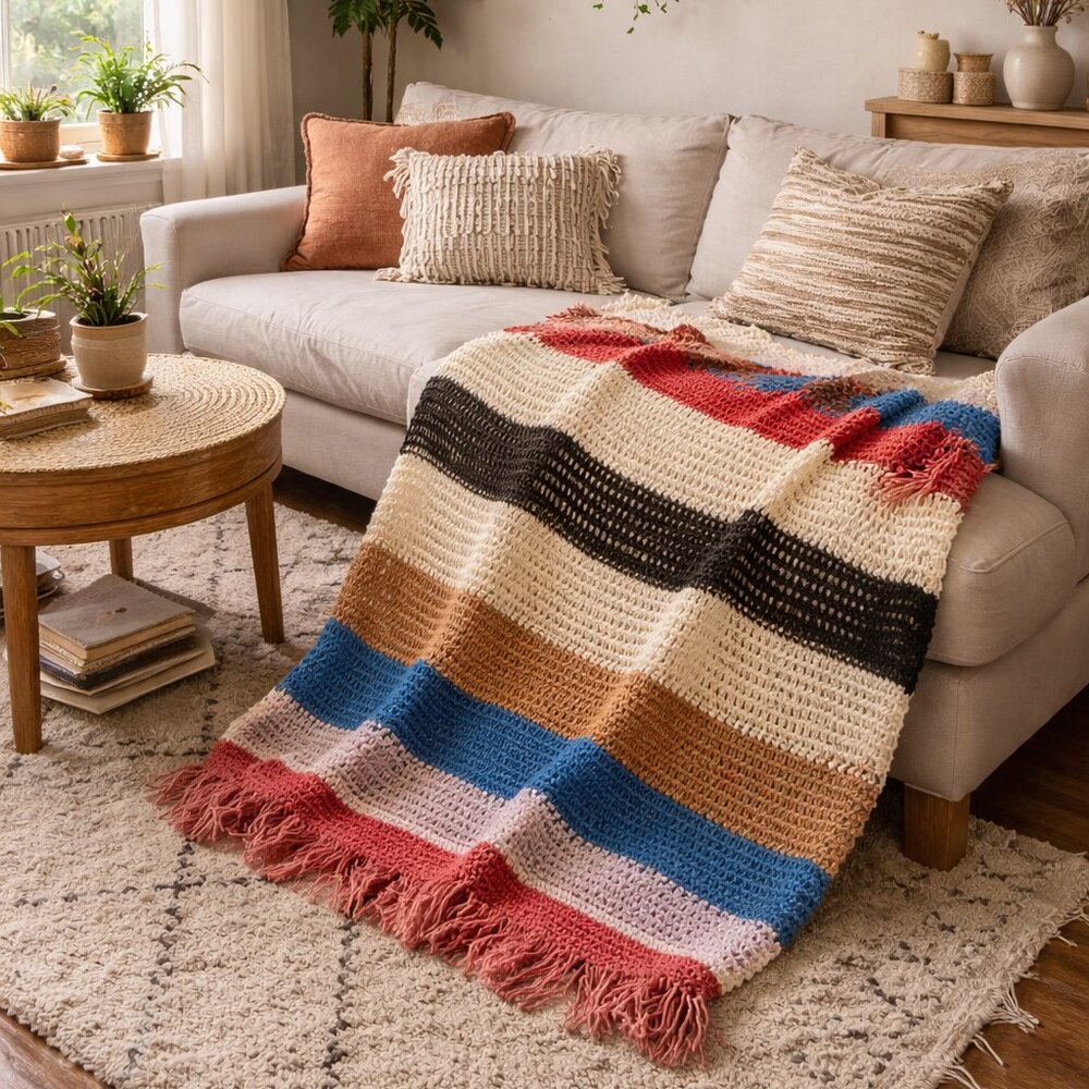 Handmade Crochet Blanket Striped Cream Tan Blue Red and Pink with Fringe Grandma